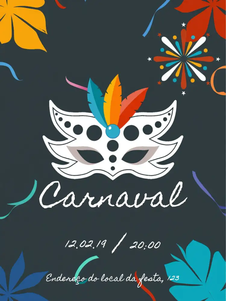 Convite Carnaval Roxo – tema Datas Comemorativas roxos vibrantes, elementos festivos, máscaras coloridas, confete e serpentina, estilo carnavalesco, design alegre