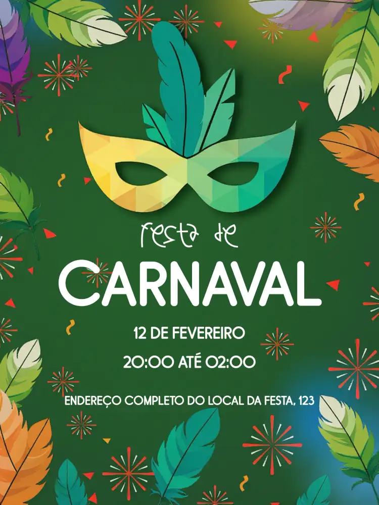 Convite Carnaval Samba – tema Datas Comemorativas roxo vibrante, máscaras, confetes coloridos, serpentinas, estilo samba, folia