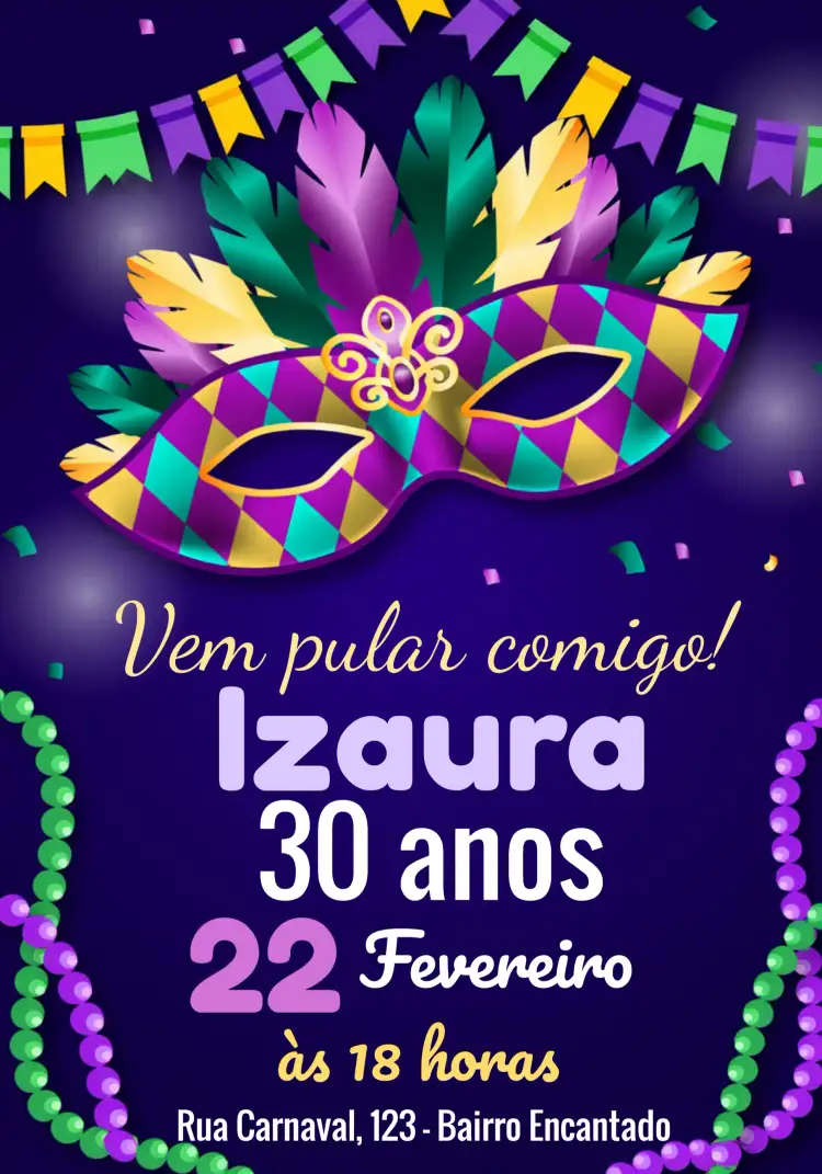 Convite Carnaval Serpentina – tema Datas Comemorativas roxo vibrante, brilho, festivo, mascaras coloridas, confete, serpentinas