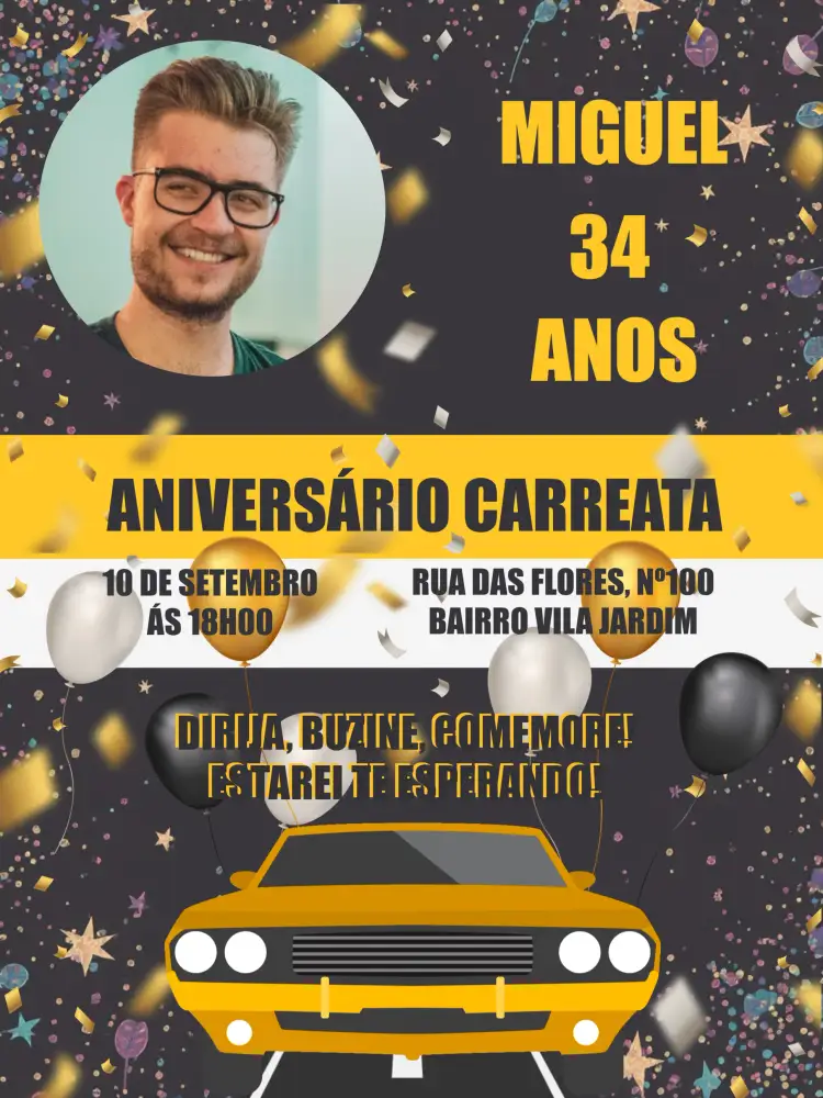 Convite Carreata De Com Fotoo Adulto – tema Aniversário moderno, masculino, colorido, festivo, jovial