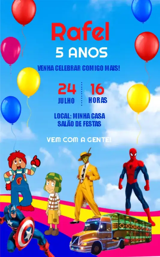 Convite Carreta Furacão Trem – tema Mais pesquisados colorido, divertido, infantil, temático, alegre, vibrante