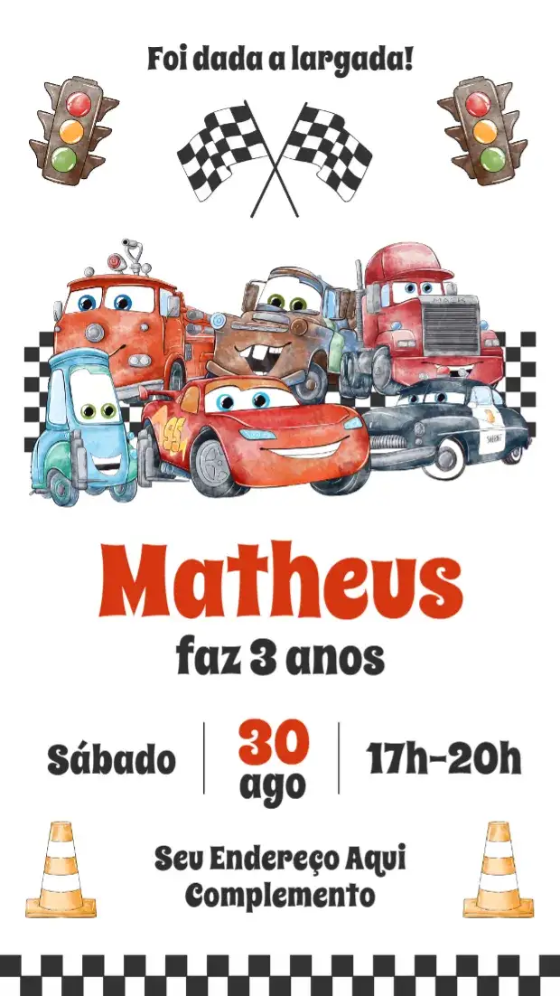 Convite Carros – tema Aniversário Infantil colorido, divertido, temático, infantil, dinâmico