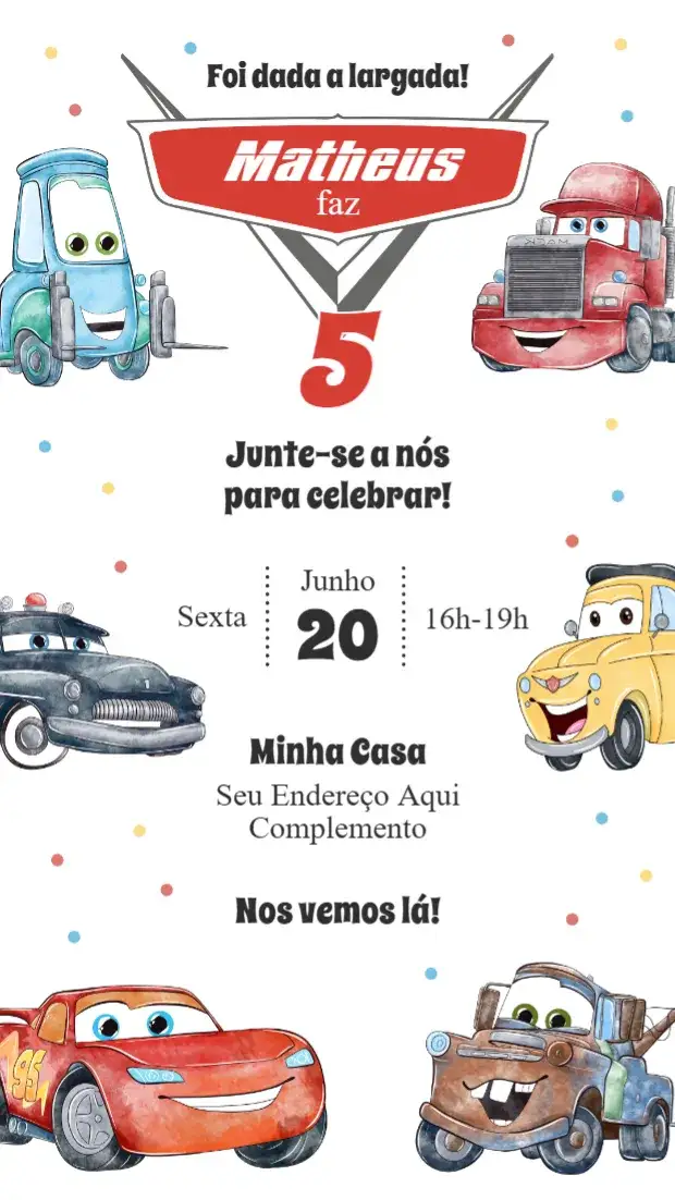 Convite Carros – tema Aniversário Infantil colorido, temático, divertido, moderno, infantil
