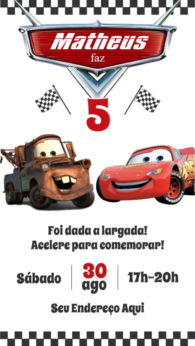 Convite Carros – tema Aniversário Infantil colorido, divertido, temática Disney, moderno, audiovisual, jovial