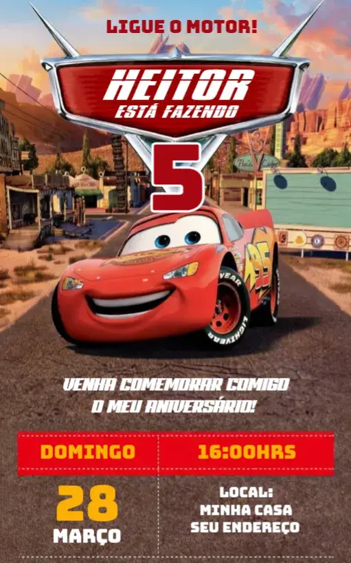 Convite Carros 5 editável e personalizável