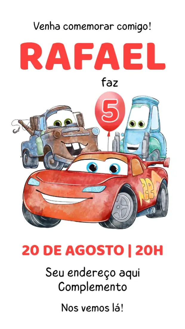 Convite Carros – tema Aniversário Infantil colorido, divertido, temático, ilustrações de carros, estilo Disney, vibrante