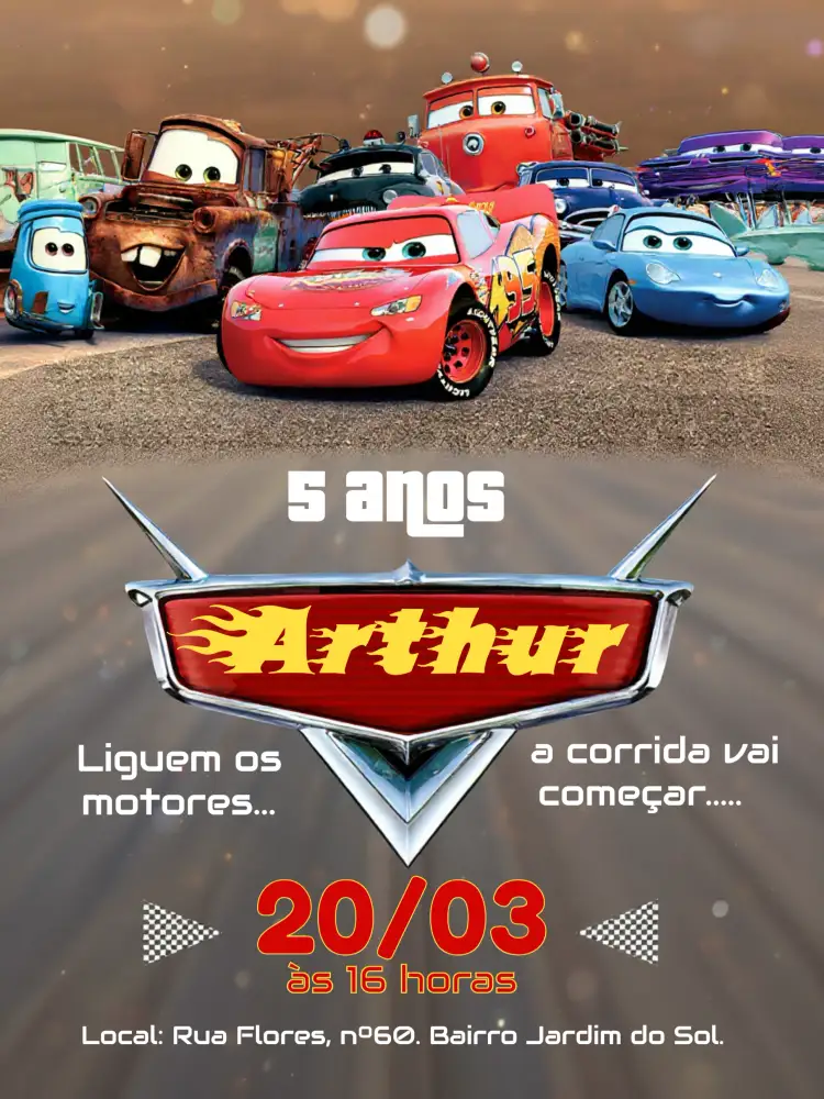 Convite Carros Disney – tema Mais pesquisados vermelho, preto, temática de corrida, personagens Disney, estilo divertido, gráficos animados
