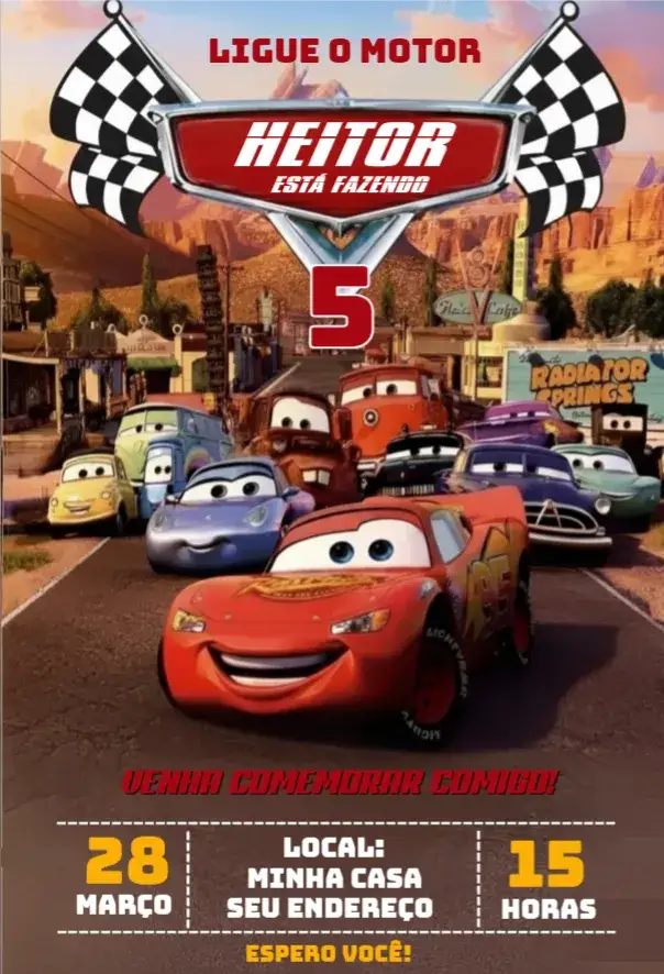 Convite Carros Disney 2 – tema Aniversário colorido, temático, divertido, futurista, infantil