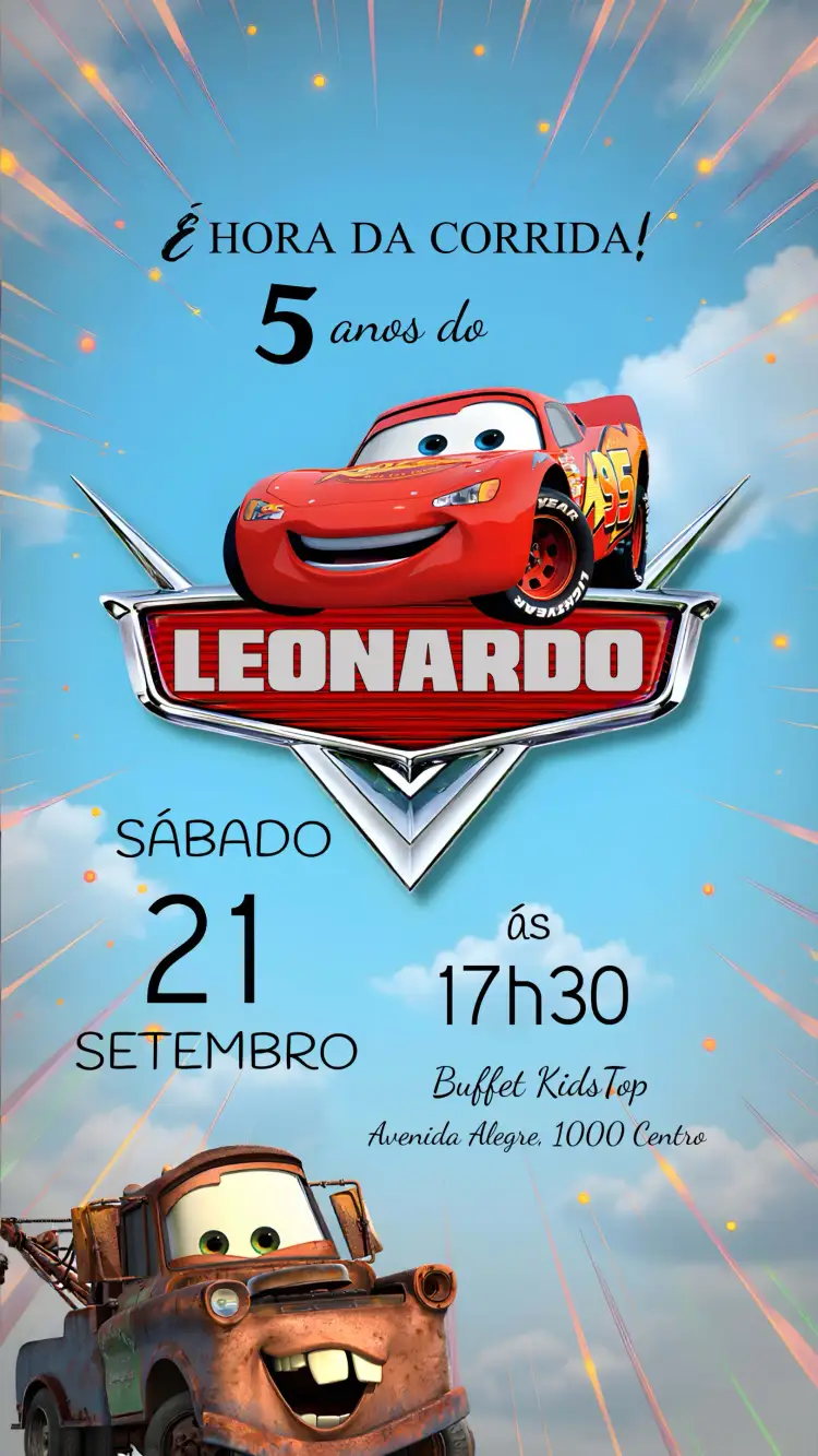 Convite Carros Disney Relâmpago – tema Mais pesquisados colorido, divertido, temática de corrida, estilo cartoon, vibrante, aventura