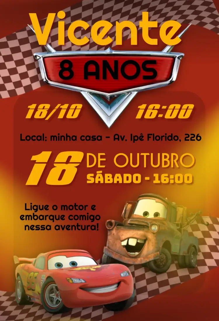 Convite Carros mcqueen – tema Aniversário Infantil colorido, temático, divertido, moderno, infantil
