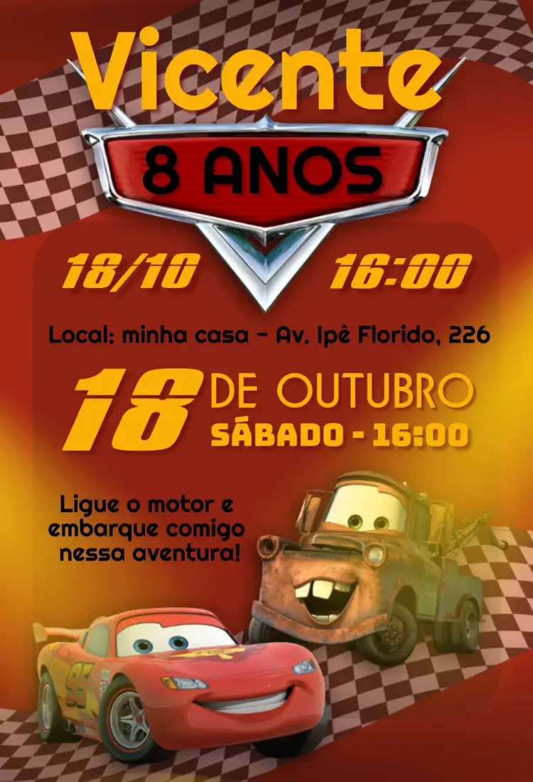 Convite Carros mcqueen
