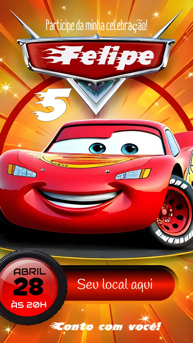 Convite Carros Mcqueen Relâmpago – tema Mais pesquisados vermelho, temática de corrida, ilustrações do Mcqueen, estilo divertido, elementos gráficos animados, festa infantil