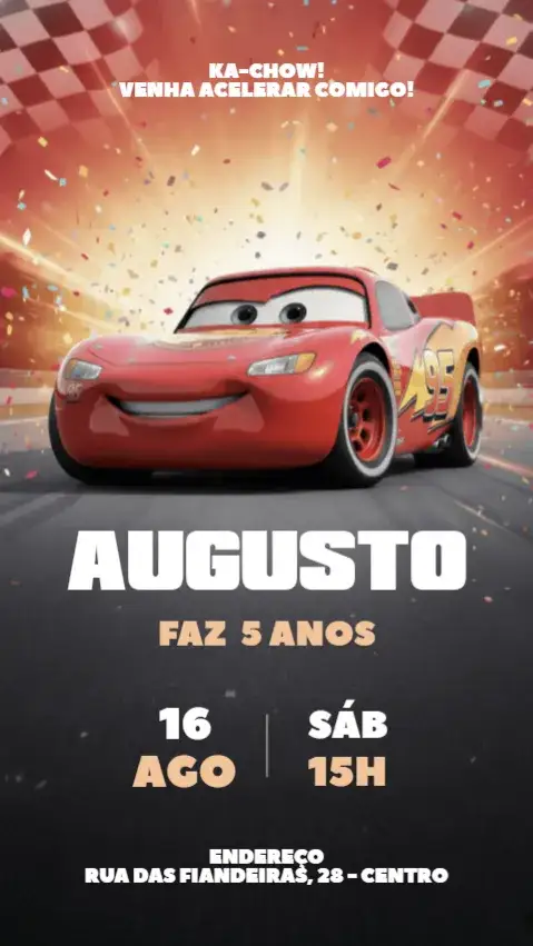 Convite Convite Digital Carros Relâmpago Mcqueen – tema Aniversário Infantil vermelho vibrante, estilo cartoon, elementos de corrida, design divertido, ilustrações infantis, detalhes coloridos