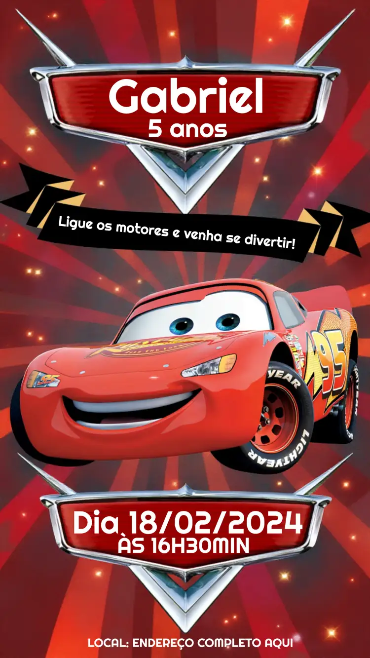 Convite Carros Relâmpago Mcqueen Vermelho – tema Mais pesquisados vermelho, corrida, carros, divertido, infantil, temático