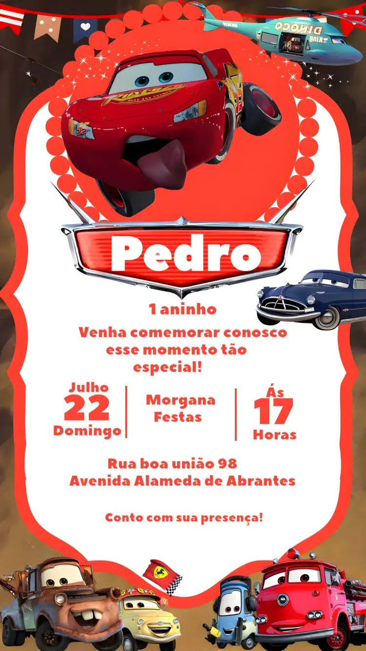Convite Carros Relâmpago Mcqueen Vermelho – tema Mais pesquisados vermelho vibrante, temática de corrida, estilo divertido, elementos gráficos de carros, ilustrações infantis