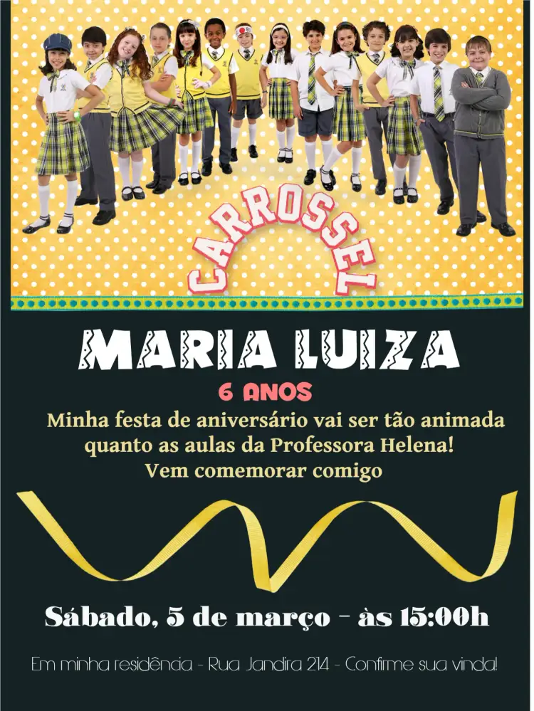 Convite Carrossel Novela – tema Mais pesquisados colorido, divertido, infantil, novela, temático, vibrante