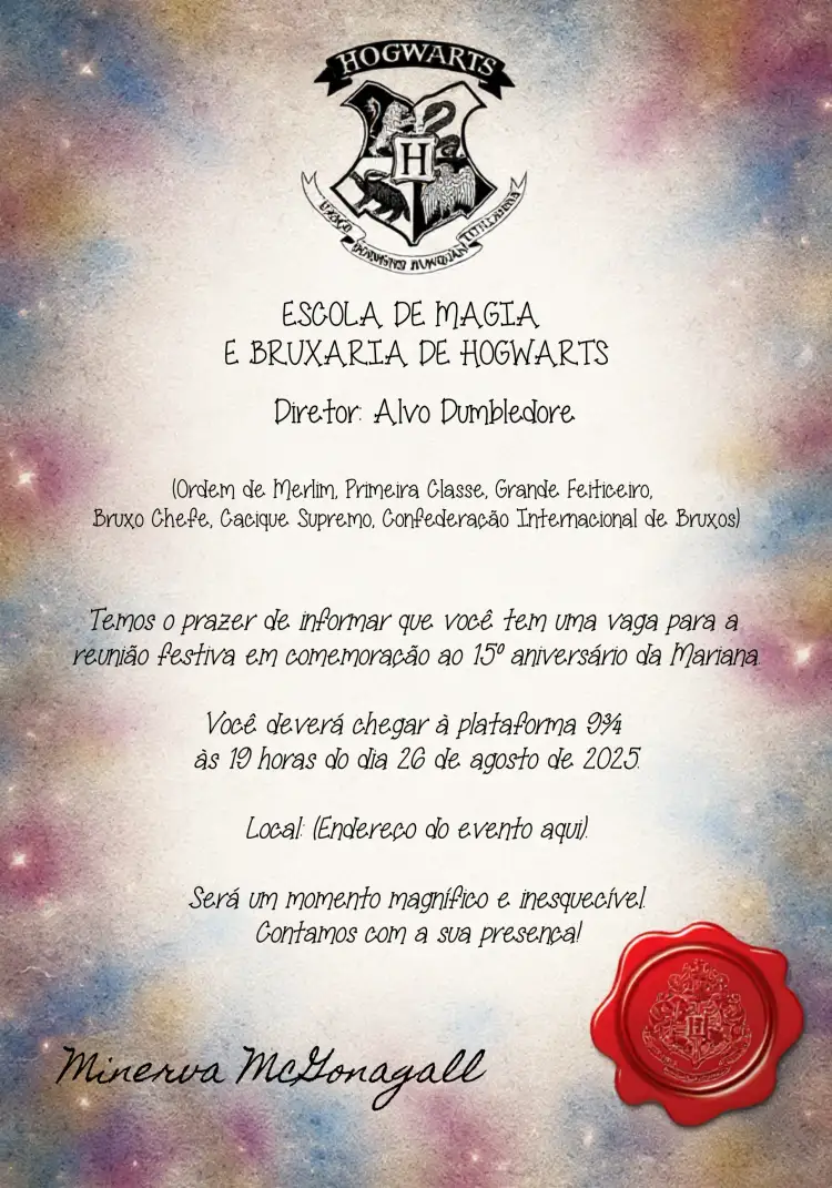 Convite Carta De Hogwarts Potter – tema Aniversário Infantil mágico, fantasia, vibrante, ilustrativo, colorido, aventura
