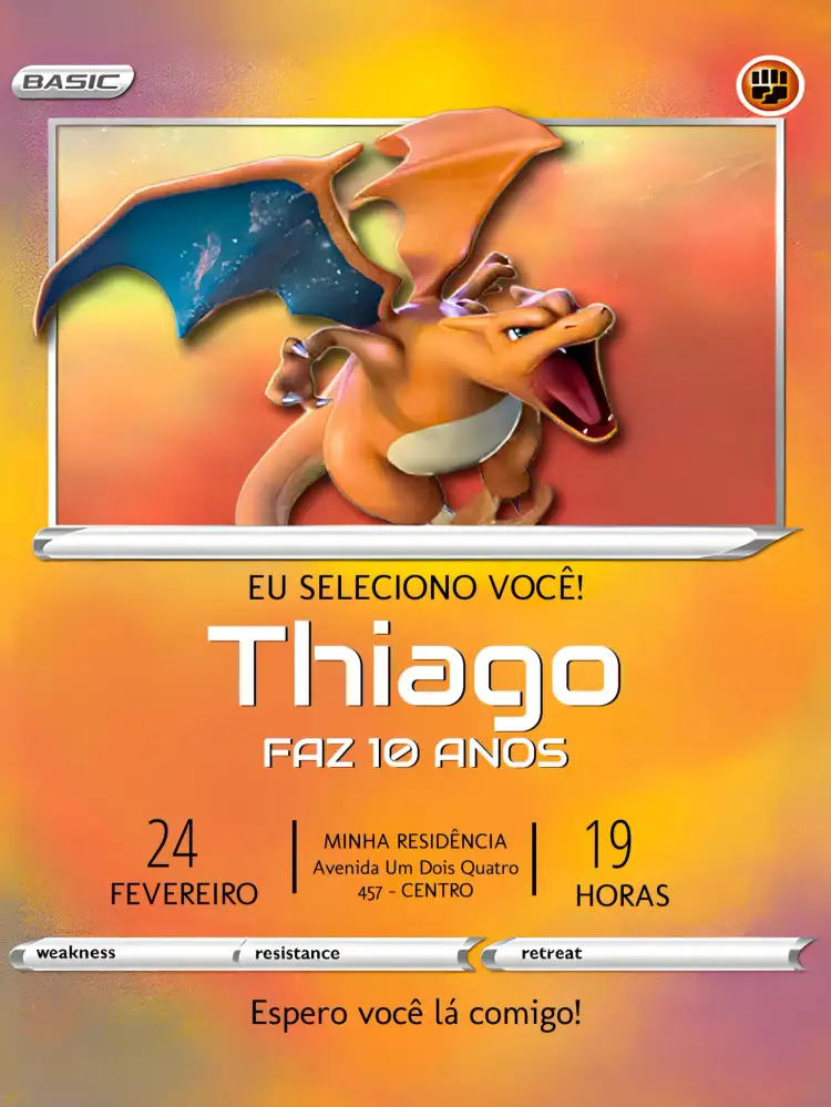 Convite Carta Pokemon Charizard – tema Aniversário Infantil divertido, colorido, moderno, jovial, temático
