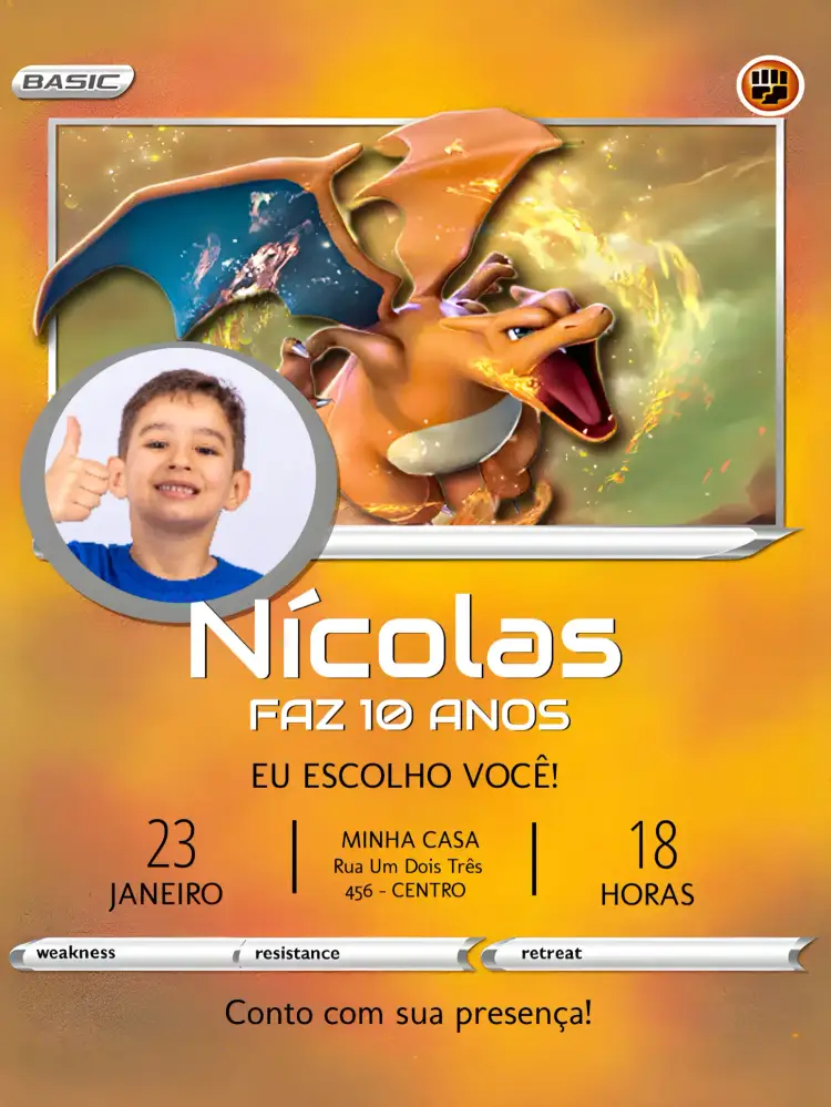Convite Carta Pokemon Com Foto Charizard – tema Aniversário Infantil colorido, divertido, temático, infantil, jogos, fantasia