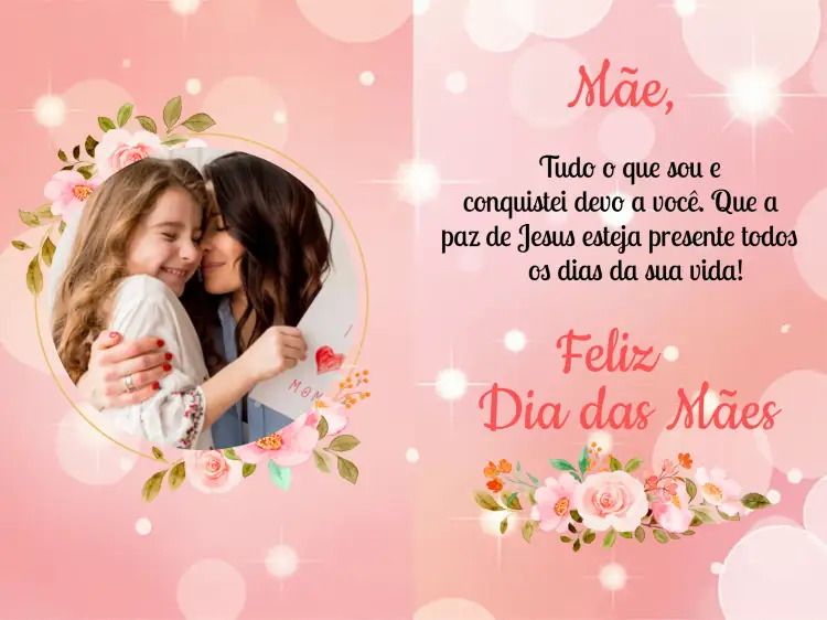 Convite Cartão De Dia Das Mães Com Foto Felicitações – tema Datas Comemorativas floral, rosa, dourado, verde, delicado