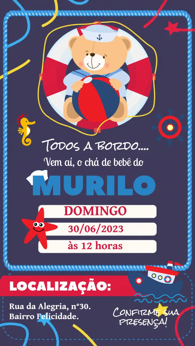 Convite Cartão De Embarque Marinheiro Vermelho – tema Chá de Panela marinheiro, vermelho e azul, divertido, temático, praiano, jovial