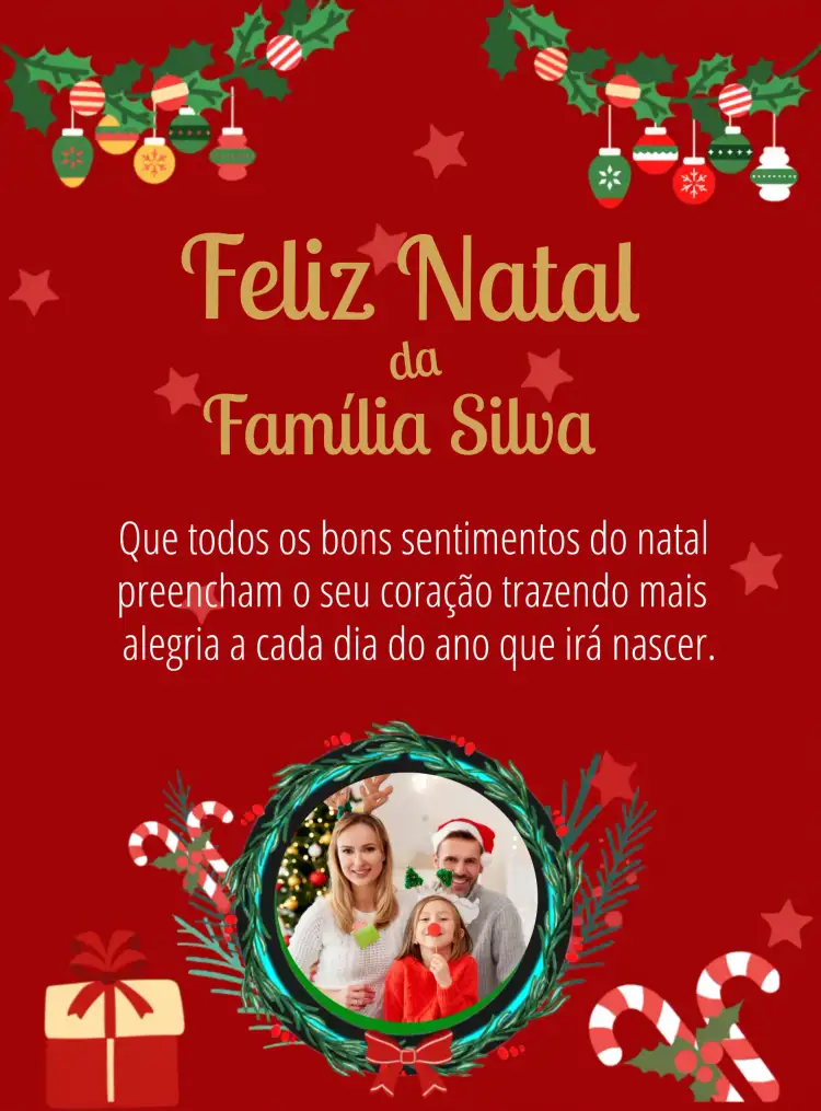 Convite Cartão De Feliz Natal Em Família Com Foto Dourado – tema Datas Comemorativas dourado, vermelho, natalino, elegante, familiar, festivo