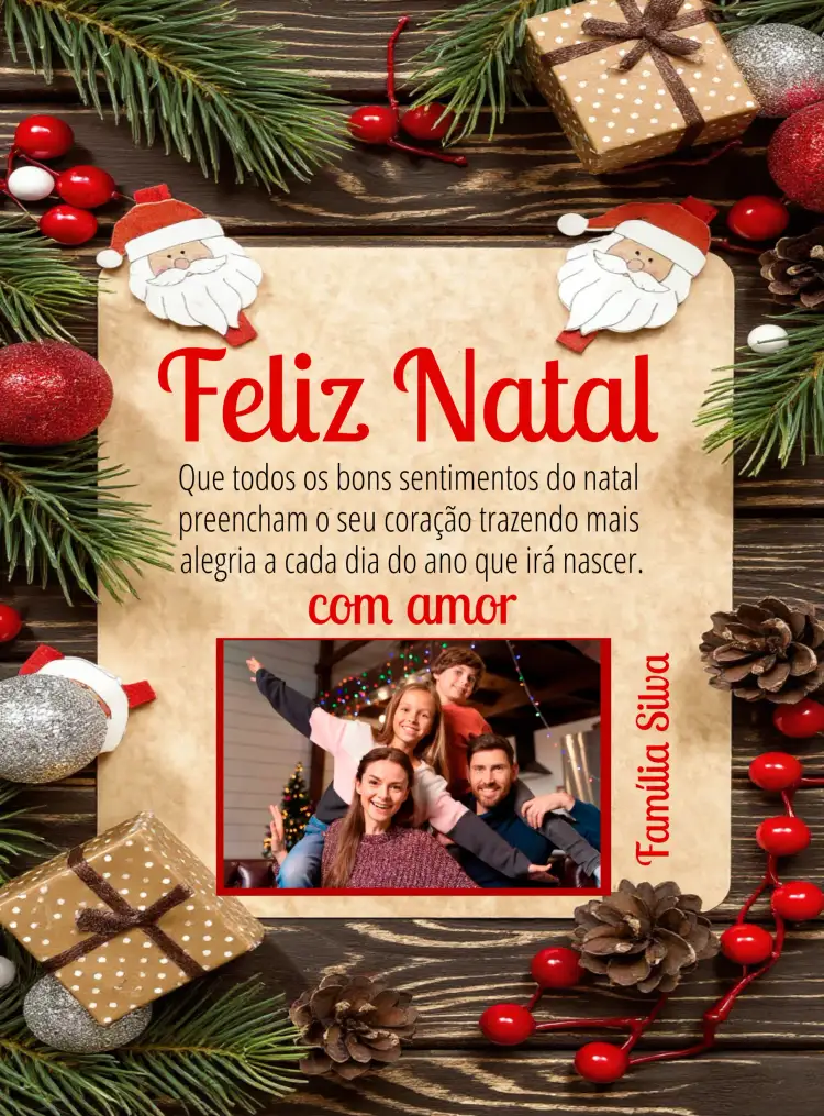 Convite Cartão De Feliz Natal Em Família Com Foto Noel – tema Datas Comemorativas vermelho vibrante, elementos natalinos, floral, moderno, personalizado, alegre
