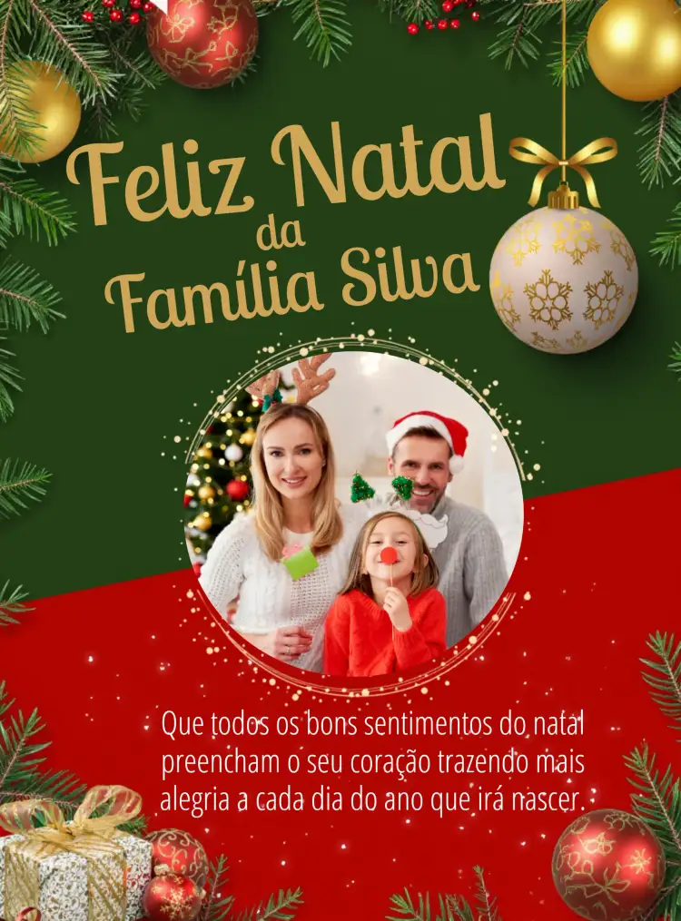 Convite Cartão De Feliz Natal Em Família Com Foto Noel – tema Datas Comemorativas festivo, tradicional, colorido, familiar, alegre