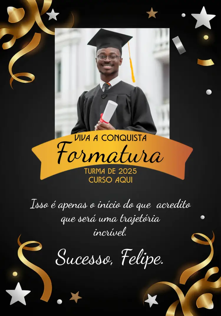 Convite Cartão De Formatura Com Foto Confete – tema Formatura elegante, moderno, dourado, preto, festivo, minimalista