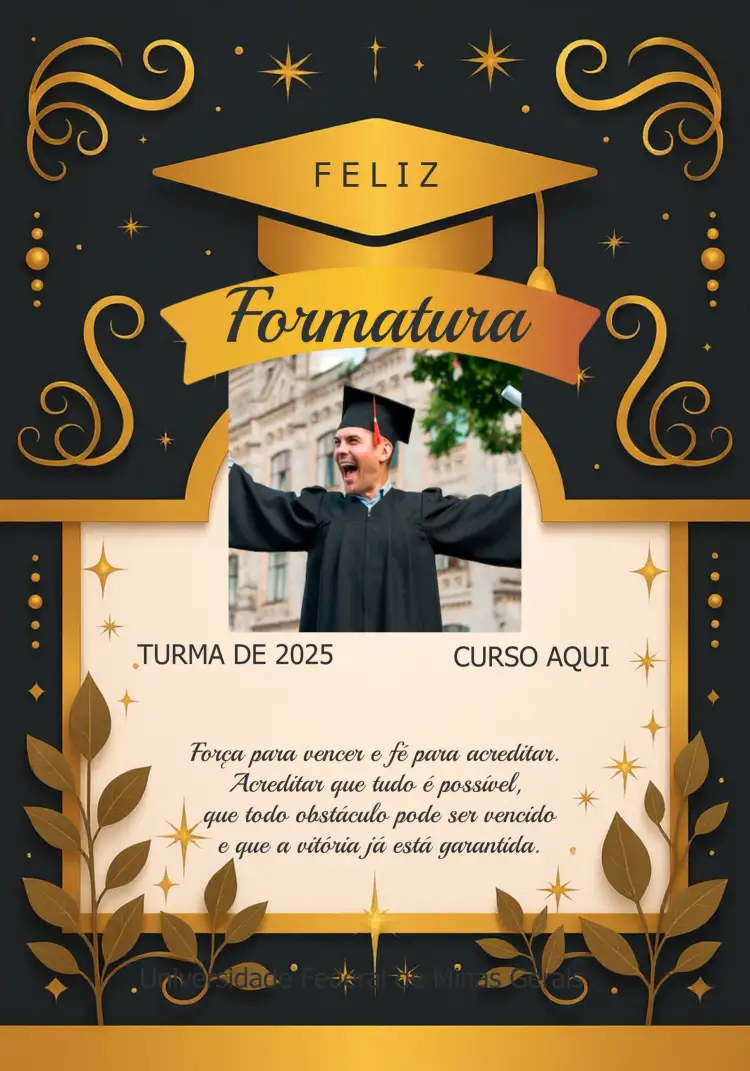 Convite Cartão De Formatura Com Foto Toga – tema Formatura dourado, moderno, elegante, minimalista, clássico, celebrativo
