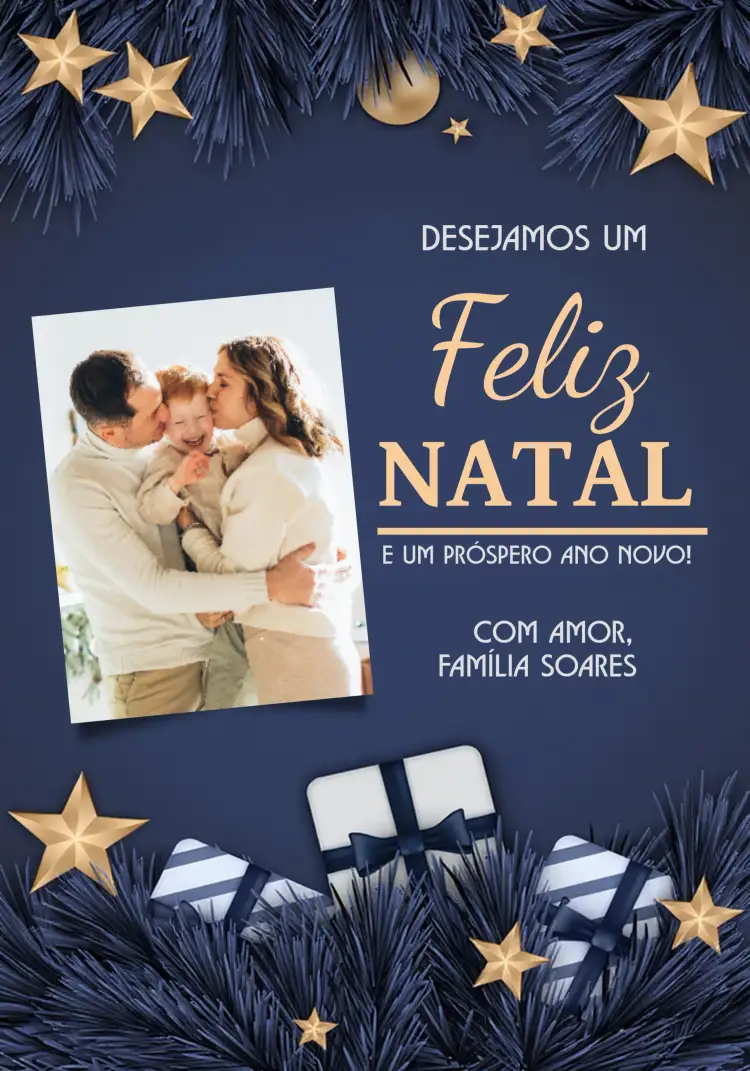 Convite Cartão De Natal Com Foto Azul – tema Datas Comemorativas azul, dourado, neve, festivo, moderno, familiar