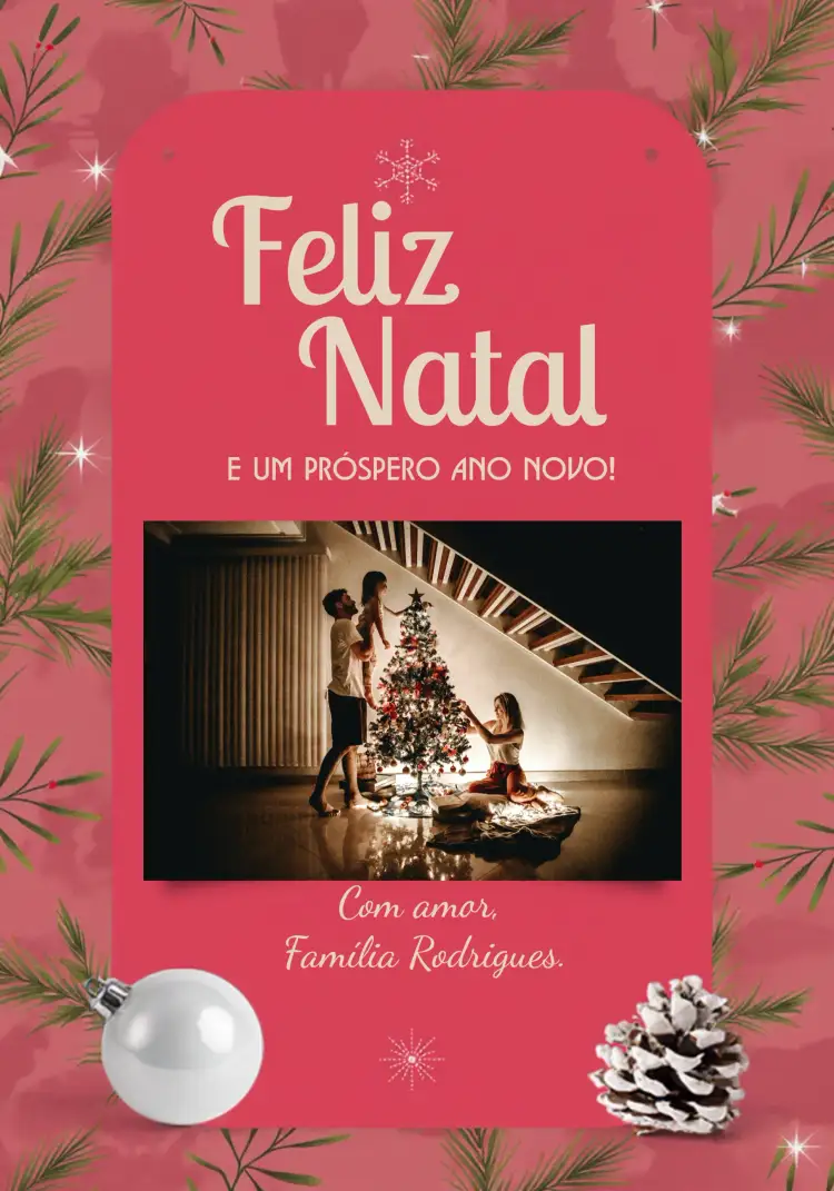 Convite Cartão De Natal Com Foto Estrela – tema Datas Comemorativas vermelho e dourado, neve e estrelas, festivo e alegre, moderno, colorido, clássico