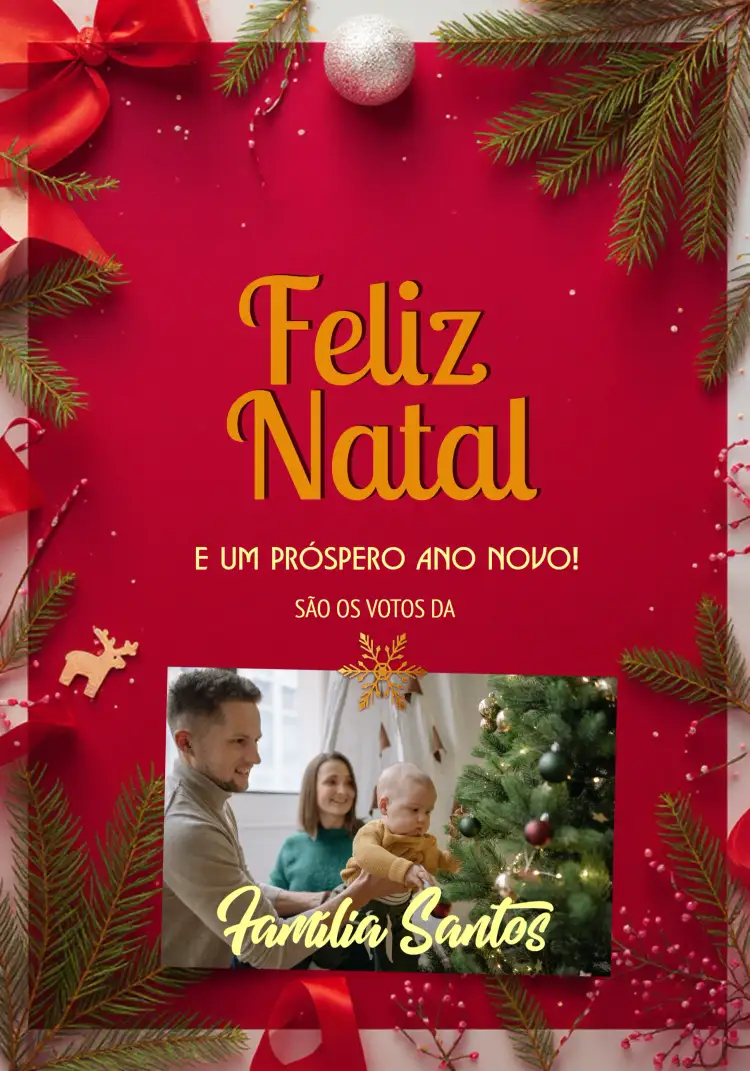 Convite Cartão De Natal Com Foto Presentes – tema Datas Comemorativas vermelho, dourado, neve, moderno, festivo, familiar