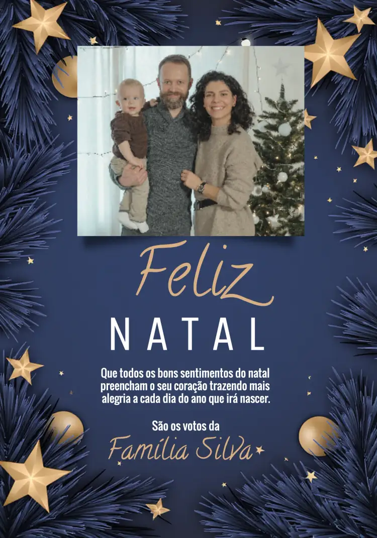 Convite Cartão De Natal Com Foto Presentes – tema Datas Comemorativas azul, dourado, neve, Natal, flores, moderno