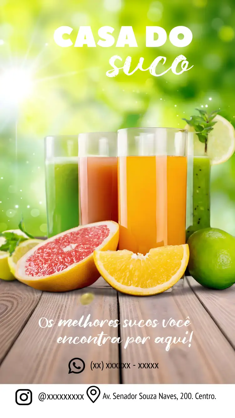 Convite Cartão De Visita Sucos Digital – tema Mais pesquisados vibrante, natural, refrescante, moderno, colorido, minimalista