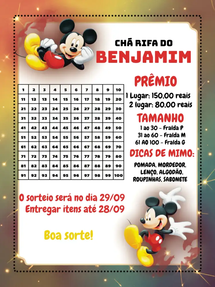 Convite Cartela Cha Rifa Mickey Menino De Fraldas Branco – tema Chá Rifa Mickey Mouse, infantil, branco e vermelho, divertido, moderno