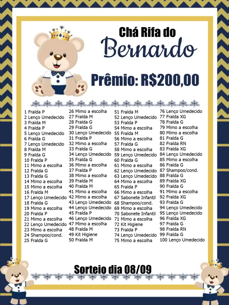 Convite Cartela Para Chá Rifa Ursinho Principe Presente – tema Chá Rifa azul, dourado, branco, preto, infantil, fofo