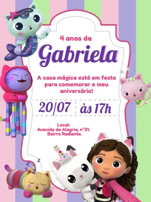 Convite Casa Mágica Da Gabby Rosa – tema Mais pesquisados mágico, infantil, cores vibrantes, gatinhos, fantasia, lúdico