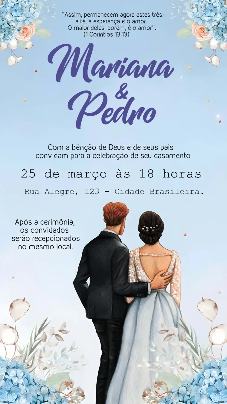 Convite Casamento Aquarela Casal Floral – tema Casamento aquarela, floral, romântico, elegante, moderno, azul