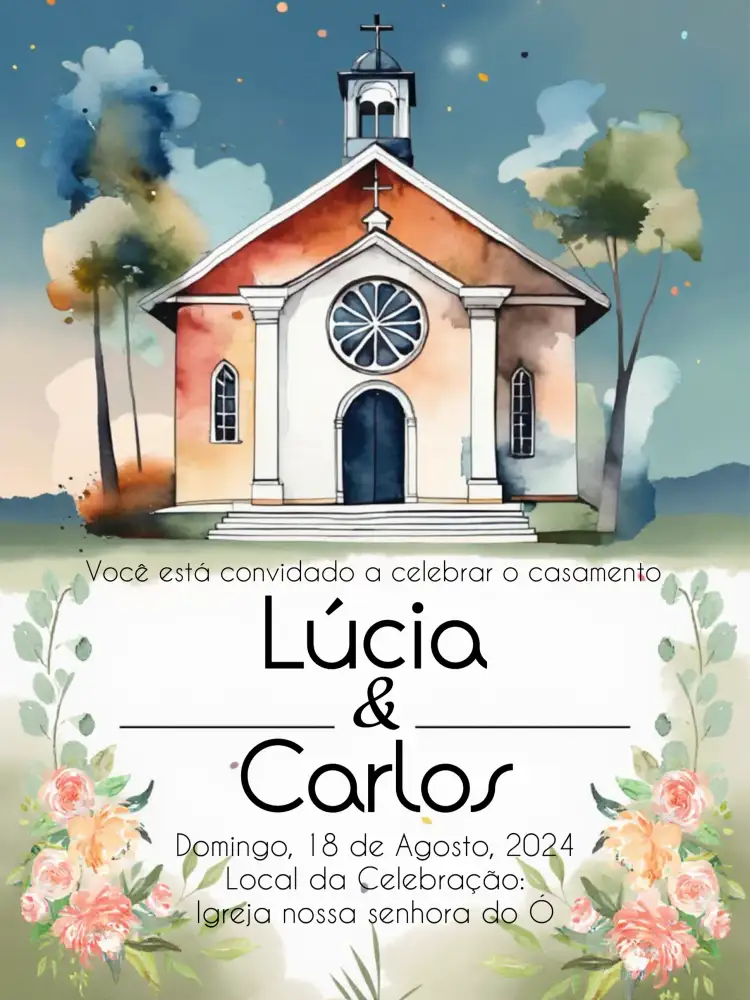 Convite Casamento Aquarela Igreja Rosa – tema Batizado aquarela, floral, romântico, moderno, delicado, minimalista