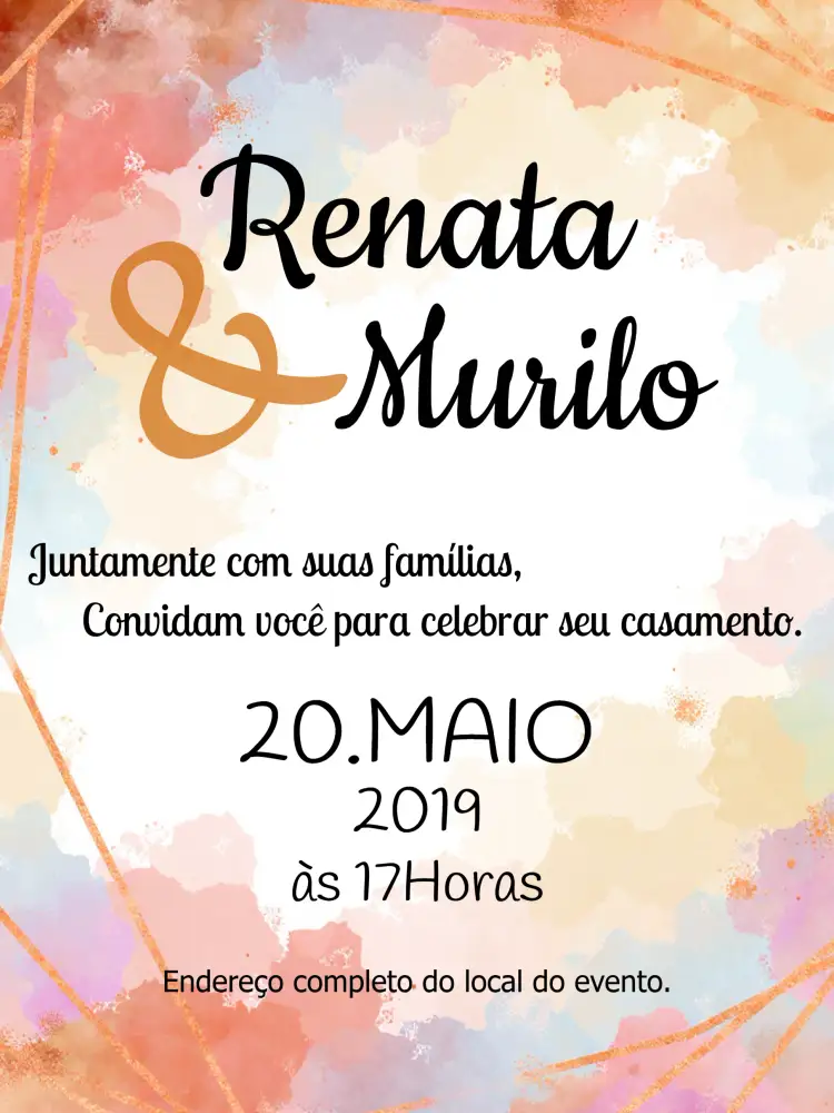 Convite Casamento Aquarela Moderno – tema Casamento aquarela, moderno, cores vibrantes, dourado, artístico, elegante