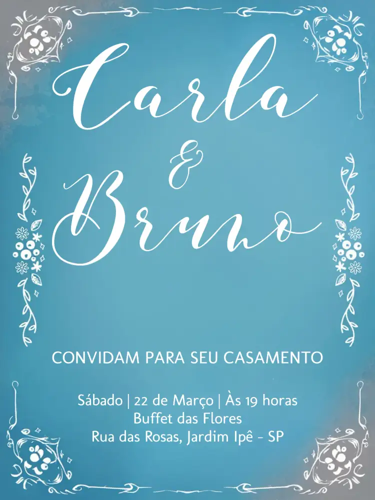 Convite Casamento Arabescos Delicado – tema Casamento floral, delicado, azul, branco, elegante, moderno