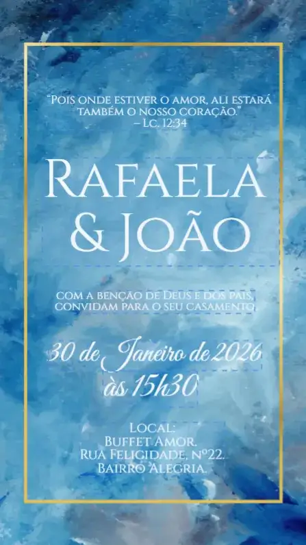 Convite Casamento Azul Sereno aquarela – tema Casamento aquarela, azul serenado, dourado, delicado, romântico, moderno