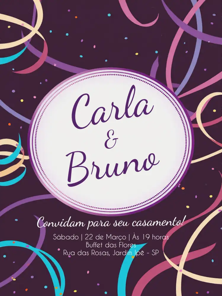 Convite Casamento Carnaval Confetes – tema Datas Comemorativas colorido, carnaval, festivo, alegre, moderno, divertido