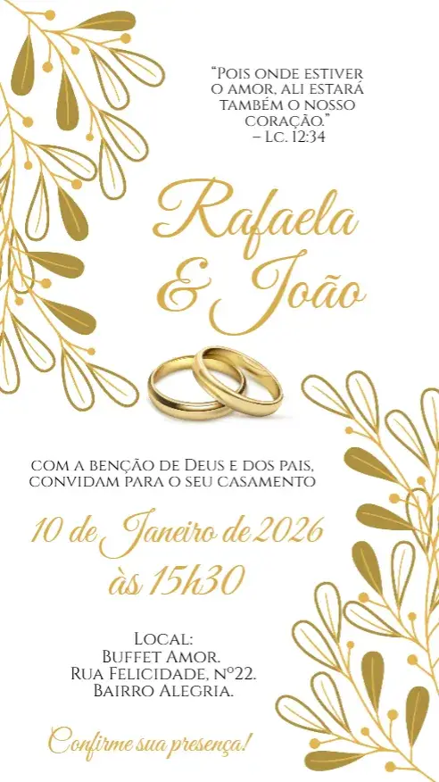 Convite Casamento Dourado Aliança editável e personalizável