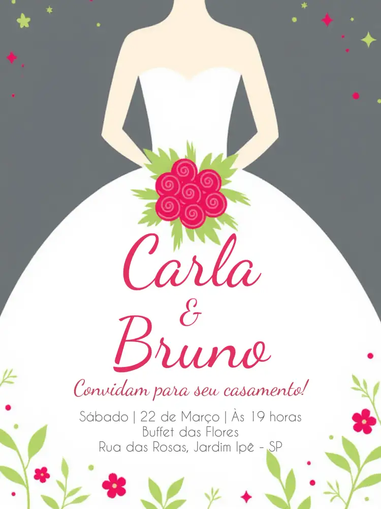 Convite Casamento Elegante - Noiva Buquê – tema Casamento romântico, elegante, floral, minimalista, pastel, moderno
