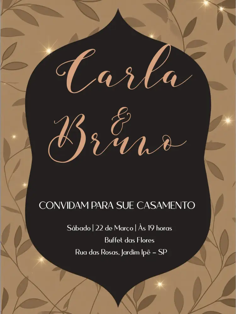 Convite Casamento Elegante Preto – tema Casamento elegante, moderno, dourado, floral, preto