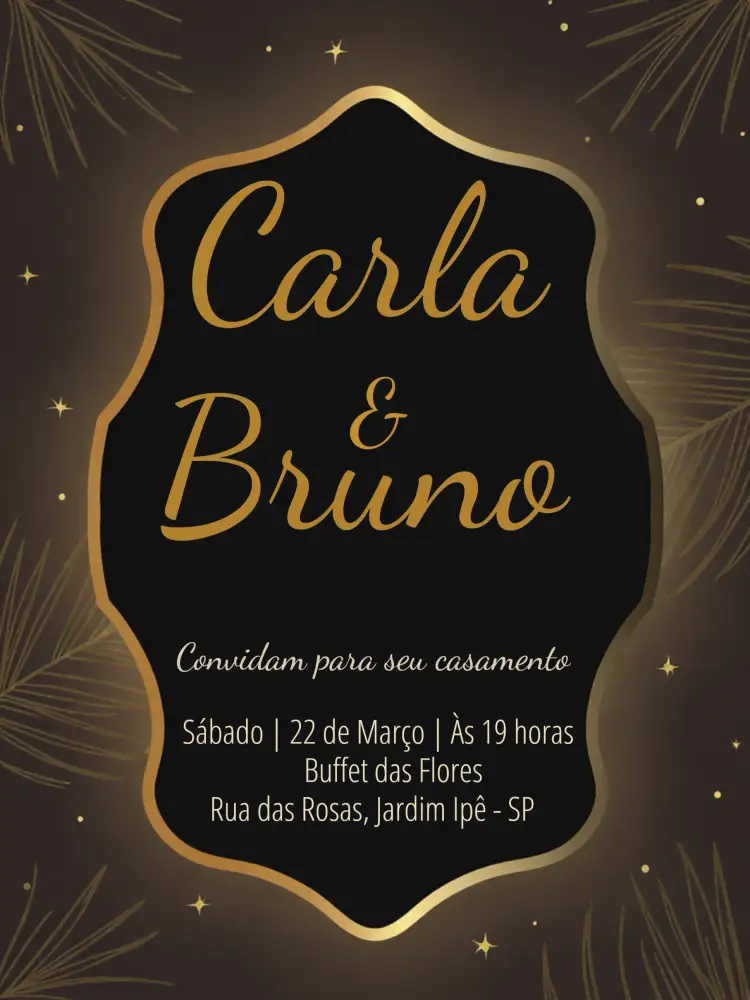Convite Casamento Elegante Preto – tema Casamento elegante, moderno, preto e dourado, minimalista, chique, luxuoso
