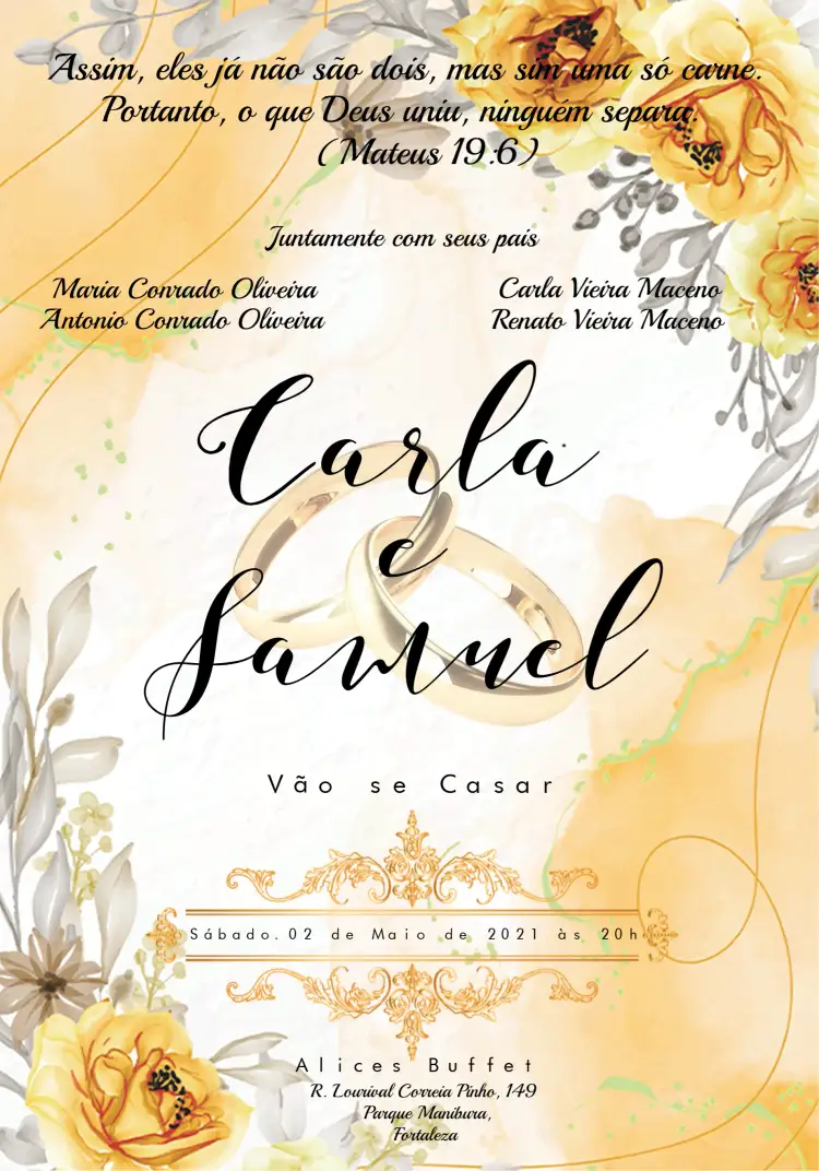 Convite Casamento Floral Amarelo – tema Casamento floral, amarelo, dourado, elegante, romântico, rústico