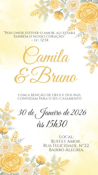 Convite Casamento Floral Amarelo – tema Casamento floral, amarelo, romântico, vintage, alegre, natural